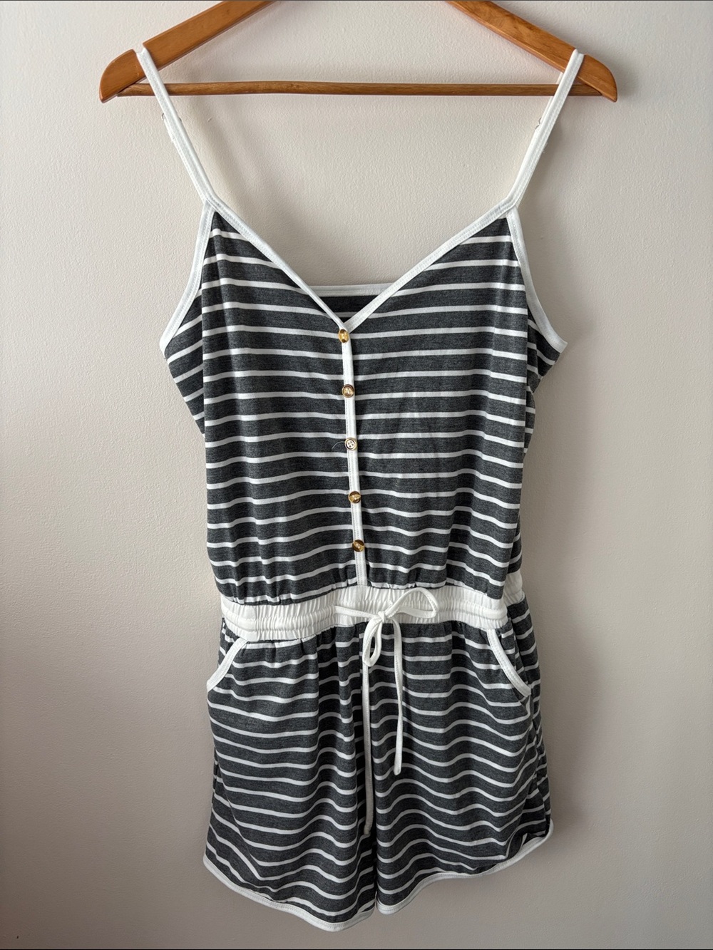 Cupshe Grey & White Striped Knit Romper with Drawstring